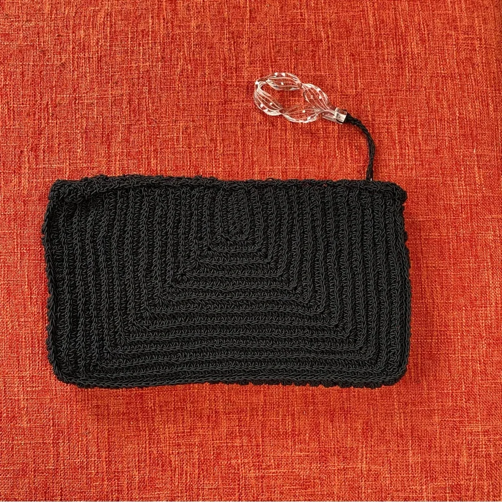 VTG 40’s Black Crochet Clutch Bag Coin Purse Lucite Clear Zipper Pull Charm